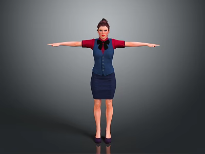 Female Character In Red Sleeved Blue Uniform With Arms Extended Standing On Gray Backdrop 3d model