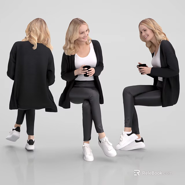 Woman Wearing Black Cardigan White Top Black Leggings White Sneakers Holding Phone In Different Poses 3d model 