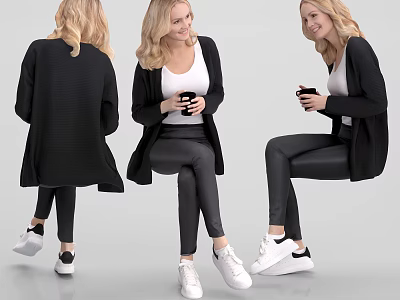 Woman Wearing Black Cardigan White Top Black Leggings White Sneakers Holding Phone In Different Poses 3d model