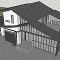 Modern Guesthouse Building with Sloped Roof Large Glass Windows and Green Surroundings