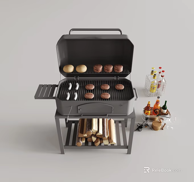 Portable Outdoor Grill With Burgers Sausages And Condiment Bottles Near Wood Logs 3d model 