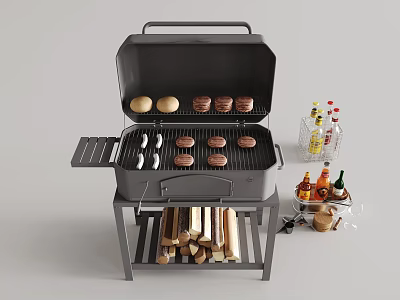 Portable Outdoor Grill With Burgers Sausages And Condiment Bottles Near Wood Logs 3d model