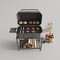 Portable Outdoor Grill With Burgers Sausages And Condiment Bottles Near Wood Logs