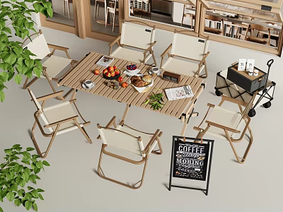 Outdoor Table With Comfortable Chairs Fresh Fruits And Green Plants Near Coffee Sign 3d model
