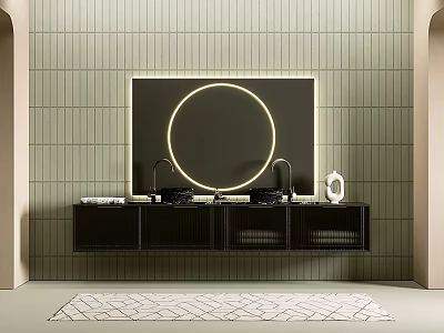 Bathroom Vanity With Black Cabinet Double Faucets And Circular Ring Light Mirror On Green Tiled Wall 3d model