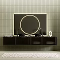 Bathroom Vanity With Black Cabinet Double Faucets And Circular Ring Light Mirror On Green Tiled Wall
