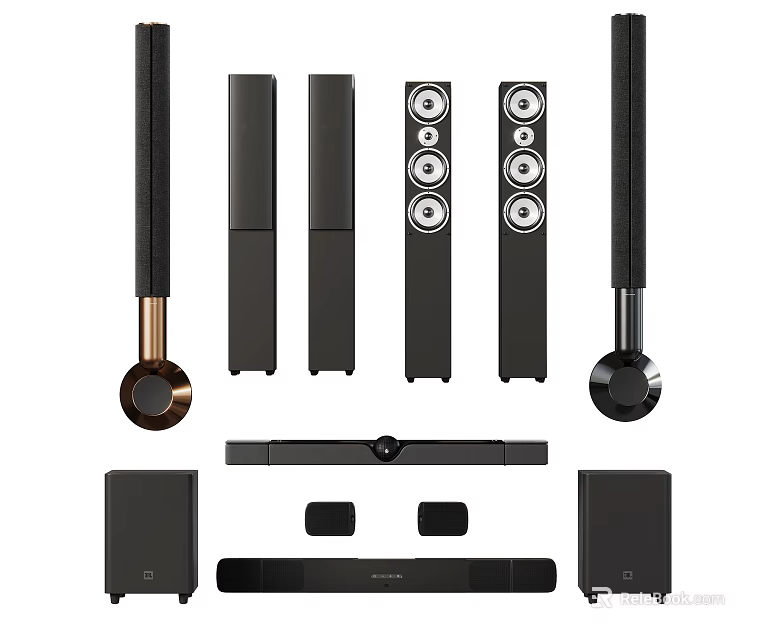 Sleek Modern Headphones and Speakers System with Tower Bookshelf Soundbar Subwoofer Components 3d model 