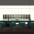 Modern Tea Room Interior With Green Cabinets Long Table Green Chairs And Natural Light