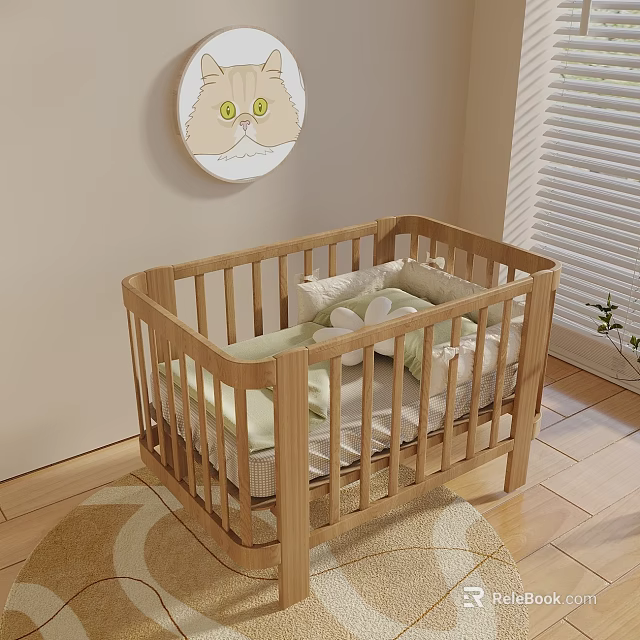 Cozy Wooden Baby Crib in Nursery with Soft Mattress Pillows and Wall Art 3d model 