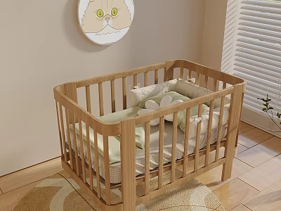 Cozy Wooden Baby Crib in Nursery with Soft Mattress Pillows and Wall Art 3d model