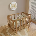 Cozy Wooden Baby Crib in Nursery with Soft Mattress Pillows and Wall Art