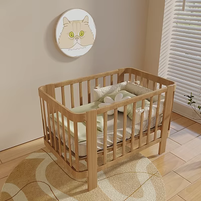 Cozy Wooden Baby Crib in Nursery with Soft Mattress Pillows and Wall Art 3d model