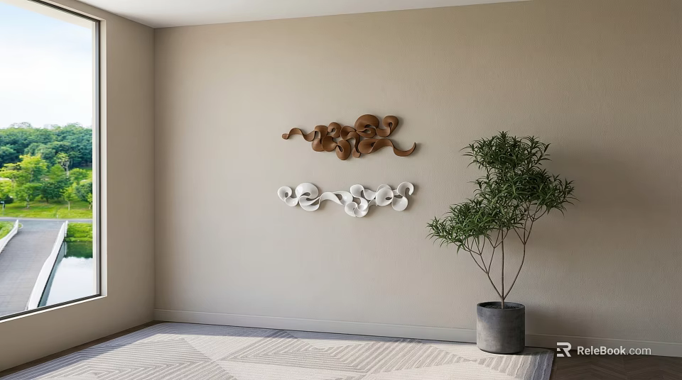 Brown And White Cloud Pattern Wall Hangings Indoor Decor With Natural Light And Green Plant 3d model 