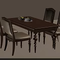Classic Wooden Dining Table Set With Four Beige Upholstered Chairs And Fruit Plate