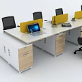 Long Modern Office Desk With Laptops Yellow Dividers Potted Plant And Black Office Chairs