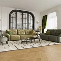 Beige And Green Sofa Set In Elegant Living Room With Arched Window And Herringbone Floor