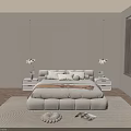 Plush Double Bed with Cream Upholstered Frame Multiple Pillows Blanket Nightstands Pendant Lights and Rug