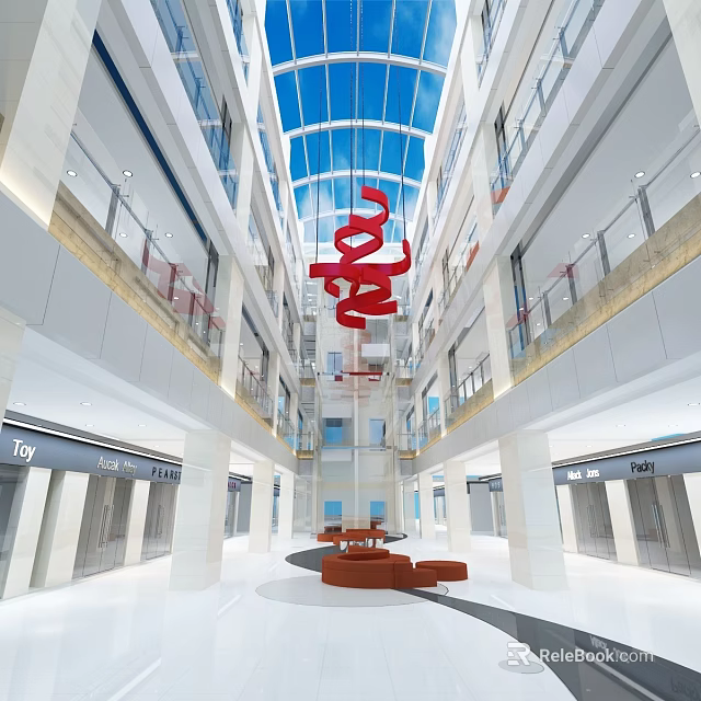 Spacious Mall Atrium With Glass Skylight Red Art Installation Multi Level Shops And Seating Area 3d model 