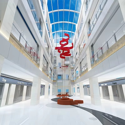 Spacious Mall Atrium With Glass Skylight Red Art Installation Multi Level Shops And Seating Area 3d model