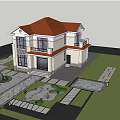 Modern Detached Villa With Red Tile Roof Large Windows Brown Door Green Trees