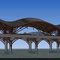 Traditional Wooden Bridge With Curved Roof Over River And Greenery With Flying Birds