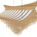 Wooden Chandelier With Pagoda Style Layered Sloped Roof And Intricate Lattice Design