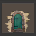 Green Wooden Arched Entrance Door With Stone Brick Frame And Classic Design