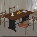 Wooden Dining Table With Black Legs And Chairs Beige Orange Cushions White Vase Oranges Books
