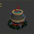 Household Cooking Cauldron On Burning Coals With Green Liquid Bubbles Red Flames And Orange Handles