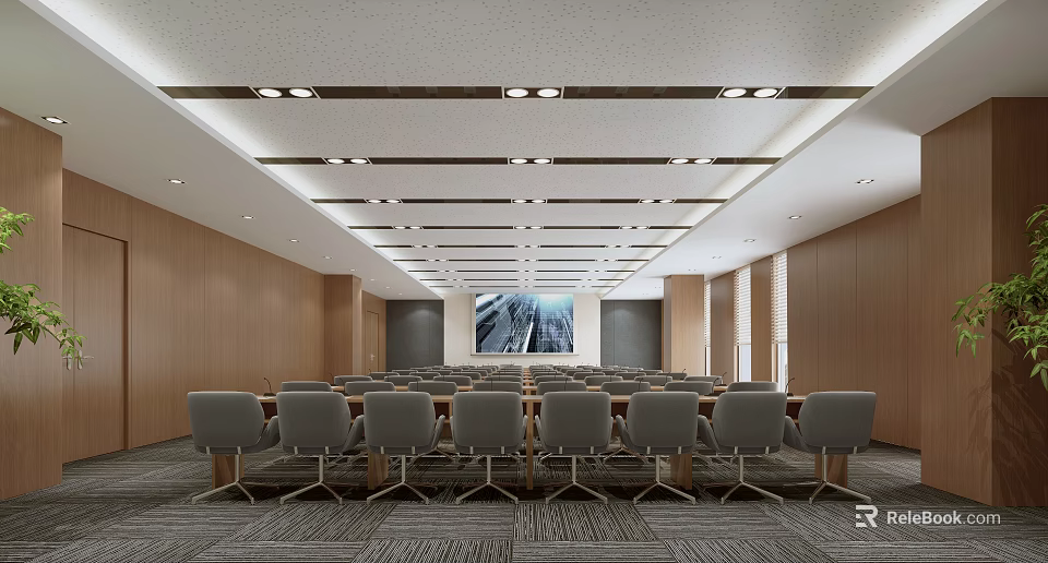 Modern Spacious Conference Room With Wooden Walls Gray Chairs And Large Screen 3d model 