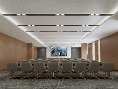 Modern Spacious Conference Room With Wooden Walls Gray Chairs And Large Screen 3d model