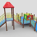 Colorful Outdoor Playground Equipment With Red Roof Slides Yellow Railings And Blue Platforms