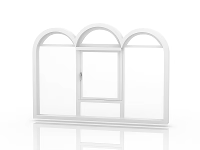 White Frame Casement Window With Arched Top Three Sections Transparent Glass Design 3d model