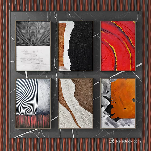 Modern Abstract Paintings in Various Styles Framed on Dark Striped Wall 3d model