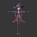 Fantasy Witch Character in Purple Outfit With Large Decorative Hat And Magic Elements 3d model