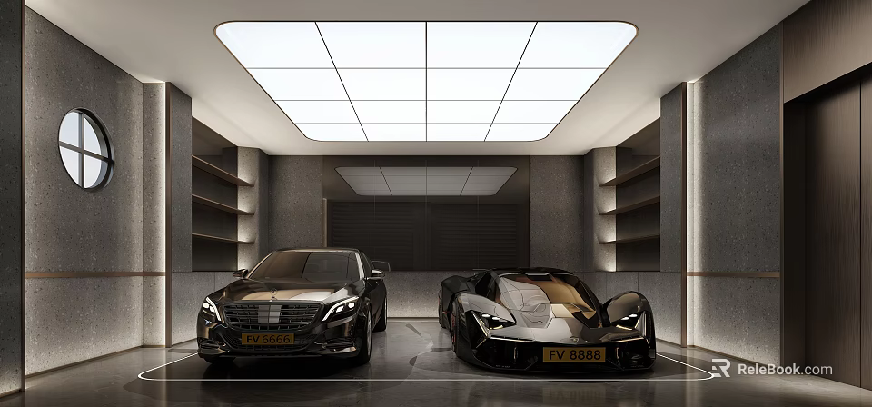 Modern Garage With Two Luxury Cars And Shelves 3d model 