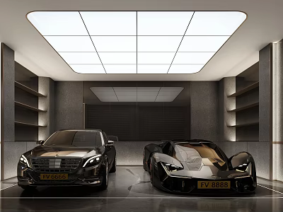 Modern Garage With Two Luxury Cars And Shelves 3d model