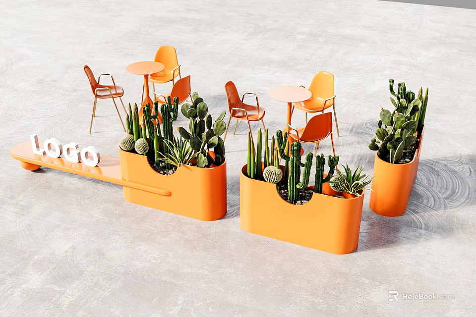 Outdoor Table Set with Orange Chairs and Planters Featuring Cacti on Gray Floor 3d model 