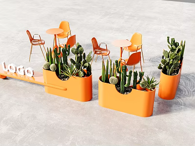 Outdoor Table Set with Orange Chairs and Planters Featuring Cacti on Gray Floor 3d model