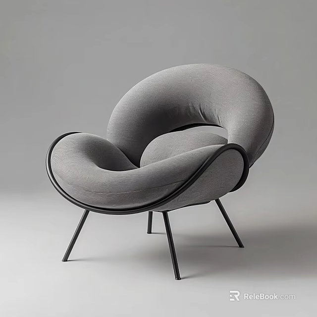 Gray Modern Single Chair With Curved Backrest Armrest And Black Metal Legs 3d model 