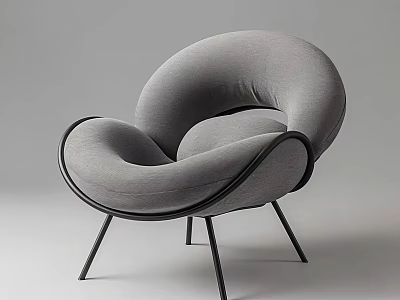 Gray Modern Single Chair With Curved Backrest Armrest And Black Metal Legs 3d model