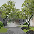 Garden Landscape Design With Stone Pathway Leafy Trees Water Stream And Green Bushes