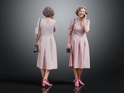 Woman in Pink Dress with Handbag Pink Shoes and Gray Hair Talking on Phone 3d model
