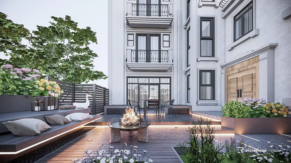 Modern Courtyard Garden Outdoor Living Area With Fire Pit Seating Wooden Deck And Lush Plants 3d model 