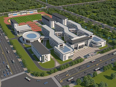 Modern School Building Complex With Classroom Blocks Sports Field And Green Surroundings 3d model