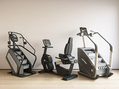 Indoor Fitness Equipment Set With Stair Climbers Exercise Bike On Wooden Floor Against White Wall 3d model