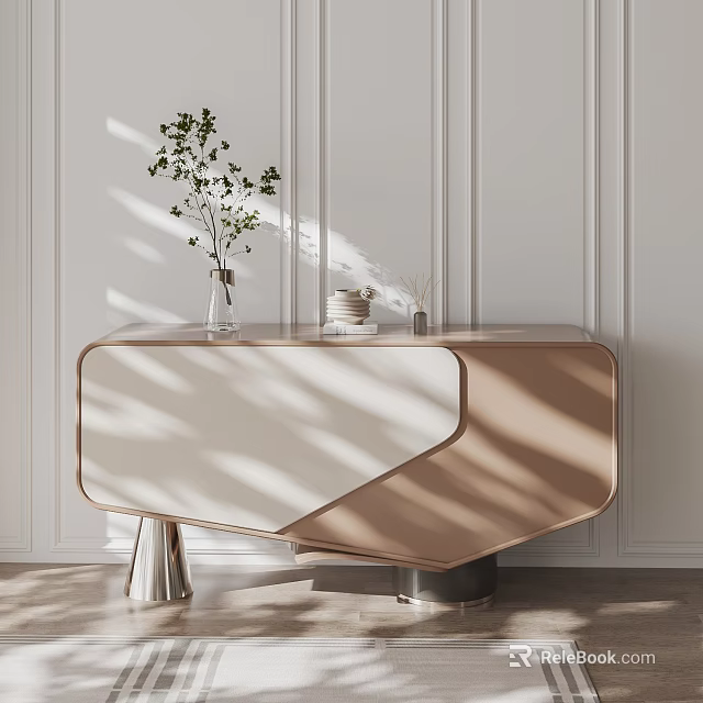 Modern Entryway Console Table Side Cabinet With Vase Green Plant White Paneled Wall Smooth Surface 3d model 