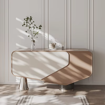 Modern Entryway Console Table Side Cabinet With Vase Green Plant White Paneled Wall Smooth Surface 3d model