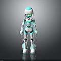 3D Humanoid Robot Character With Blue White Body Green Eyes On Reflective Surface