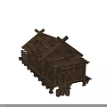 Traditional Ancient Wooden Buildings with Stilted Structure Sloped Rooftop Wooden Steps Barrels and Cart Details